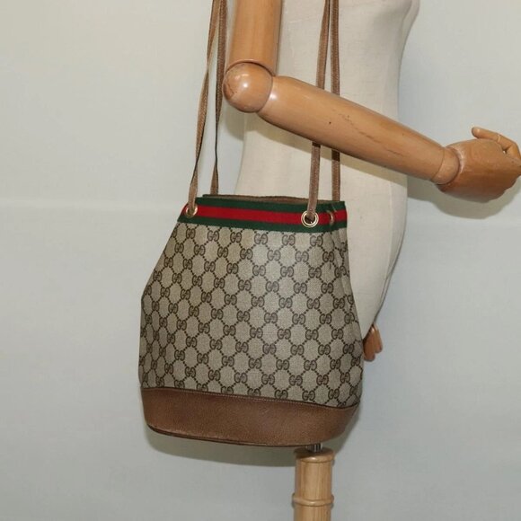 GUCCI GG Supreme Web Sherry Line Shoulder Bag PVC Beige Gold Auth